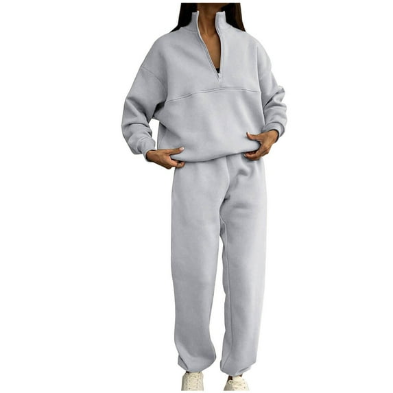 Fall Outfits for Women Two Piece Outfit Half Zipper Lapel Solid Color Long Sleeve Casual Suit S