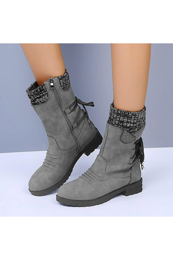 Fall Outlet Juebong Women Fashion Shoes Retro Western Boots Casual Warm Low Heels Mid-Calf Boots