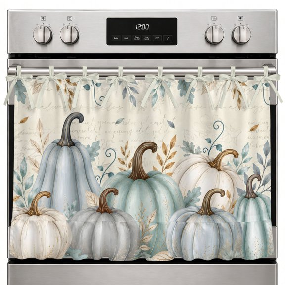 Fall Oven Curtain with Tie Top, Autumn Harvest Teal Green Pumpkins Falling Leaf Vintage Oven Skirt Curtains with Tie Top Cabinet Cover Curtain for Small Kitchen Apartment Decor 27 x 20 Inches