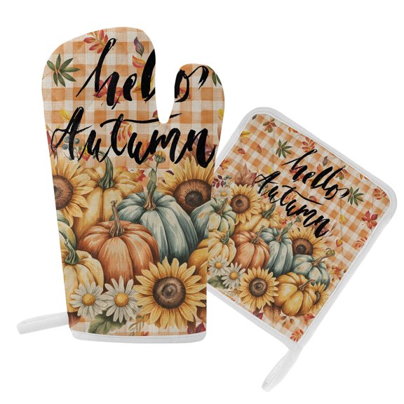 Fall Oven Mitts and Pot Holder Set for Kitchen, Hello Autumn Pumpkin Kitchen Oven Glove s Heat Resistance Non-Slip Sunflower Orange Buffalo Plaid Linen Hot Pads Sets for Cooking Baking BBQ