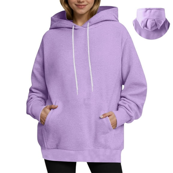 Fall Oversize Hoodies For Women Adorable Cat Ear Hooded Solid Long Sleeve Drawstring Hooded Fleece Plus Size Clothes Outfits Purple