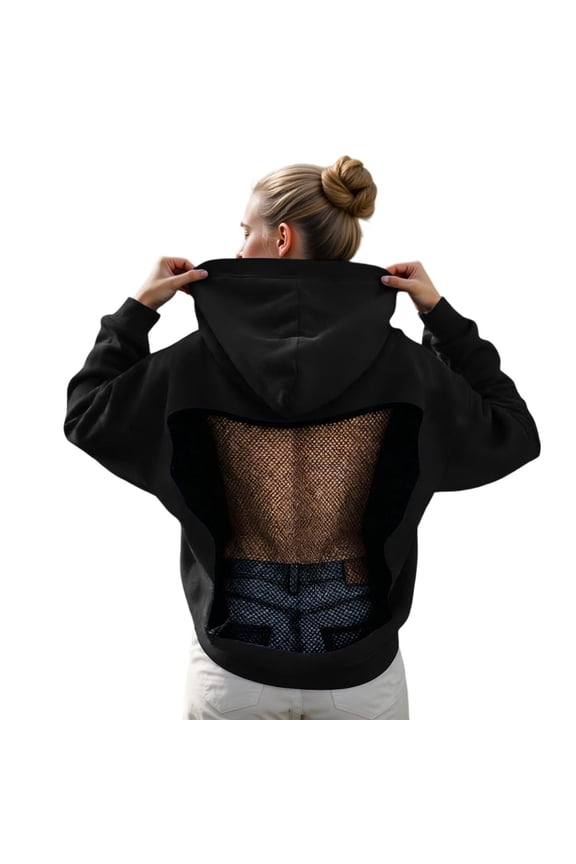Fall Oversize Hoodies For Women Backless Mesh Hollow Out Long Sleeve with Pocket 2026 Fall Trendy Outfits