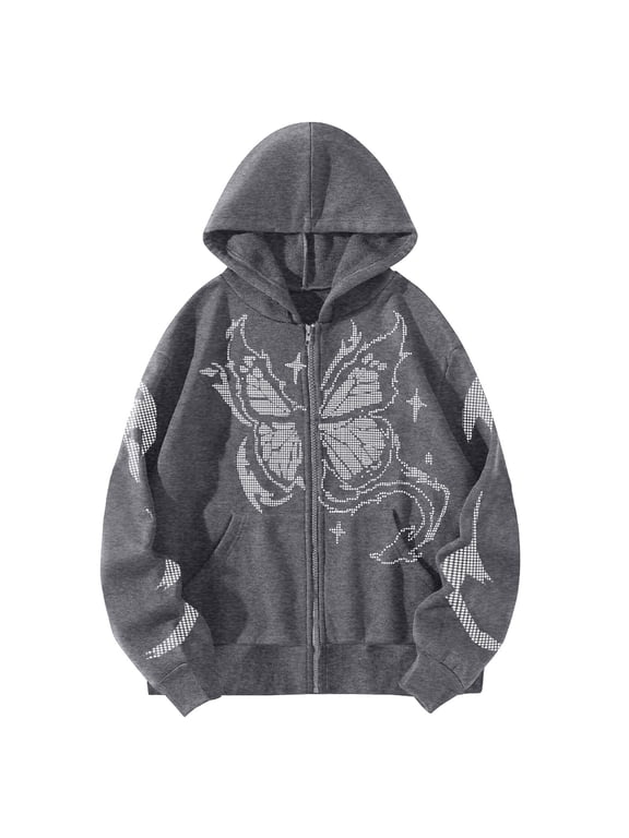 Fall Oversize Hoodies For Women Gothic Butterfly Zip Up Hooded Jacket Warm Lined Y2k Winter Sweatshirts Dark Gray