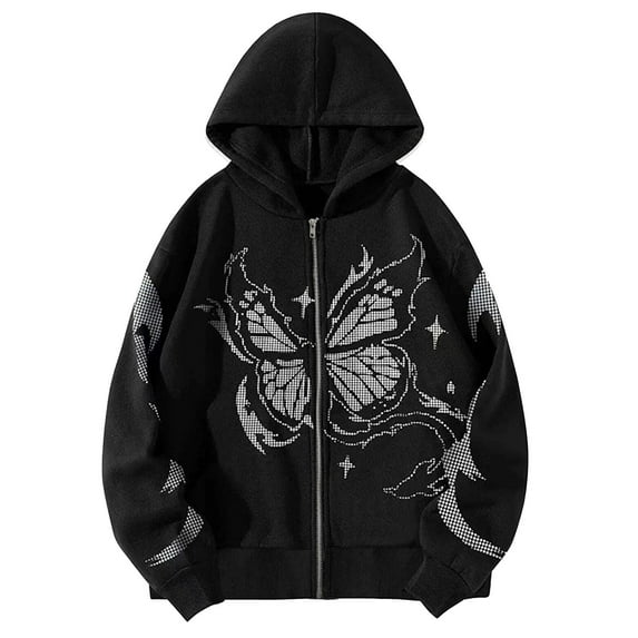 Fall Oversize Hoodies For Women Gothic Vintage Butterfly Print Zipper Long Sleeve Streetwear Fleece Y2K Workout Hooded Sweatshirts