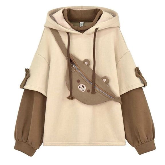 Fall Oversize Hoodies For Women Hoodie Fake 2 Piece Patchwork Long Sleeve Hooded Cute Bear Bag Winter Fashion Sweatshirts Beige