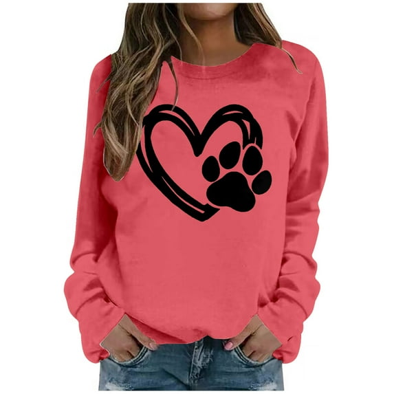 Fall Oversize Sweatshirt for Women Dog Paw Heart Animal Print Long Sleeve Crew Neck Workout Pullover Sweater