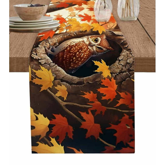 Fall Owl Burlap-Cotton Table Runner 70 Inches Long,Thanksgiving Orange Yellow Maple Leaf Botanical Farmhouse Table Runners,Outdoor Dining Tablecloths Decor for Baby Shower Party Wedding 13x70
