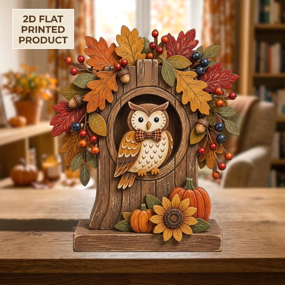 Fall Owl Decorative 2D FLAT Wooden Block, Autumn Owl Shelf Sitter,Rustic Pumpkin Sunflower Decor,Harvest Home Accent,Thanksgiving Decoration