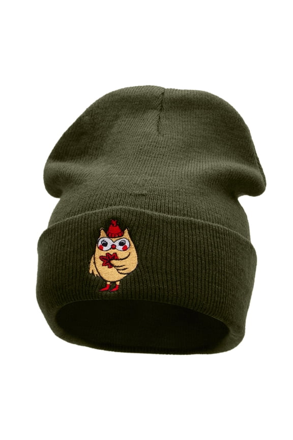 Fall Owl Embroidered 12 Inch Long Knitted Beanie - Olive OSFM