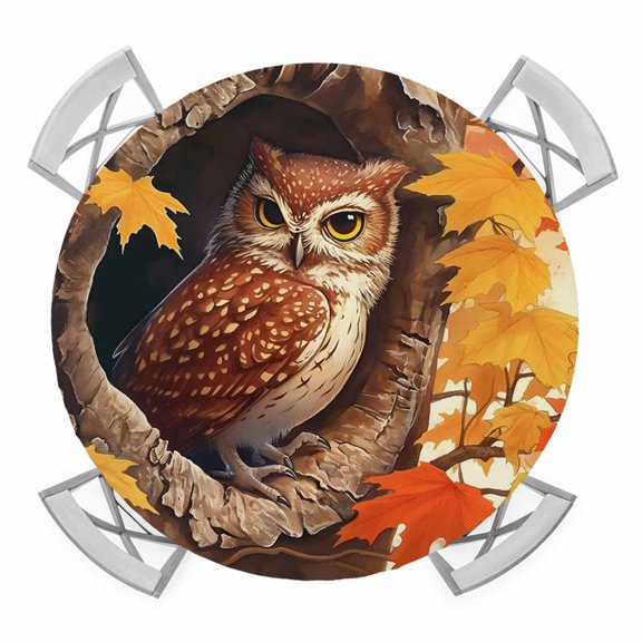 Fall Owl Round Tablecloth for 36-44 Inch Tables,Fitted Table Cover with Elastic Edge,Thanksgiving Orange Yellow Maple Leaf Botanical Waterproof Outdoor Table Cloth Protector for Patio Garden Dinner