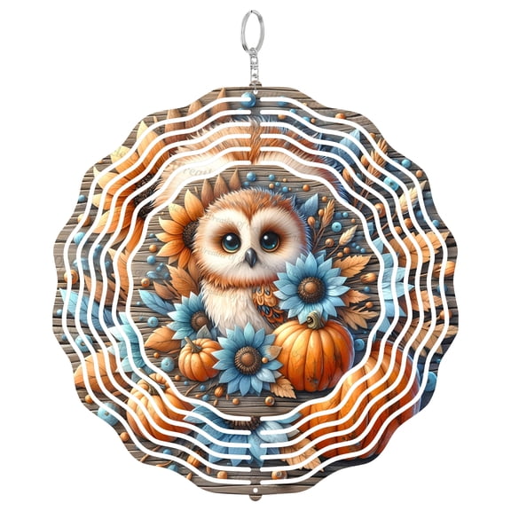 Fall Owl Sunflowers Blue Orange Stained Glass Suncatcher, UV Printed Tinplate Round, Rustic Pumpkin Decor, Autumn Gift,