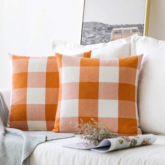 Fall Pack of 2 Classic Farmhouse Buffalo Check Plaids Linen Soft Solid Orange and White Decorative Throw Pillow Covers Outdoor Cushion Case for Sofa Bedroom 16 x 16 Inch 40 x 40 cm