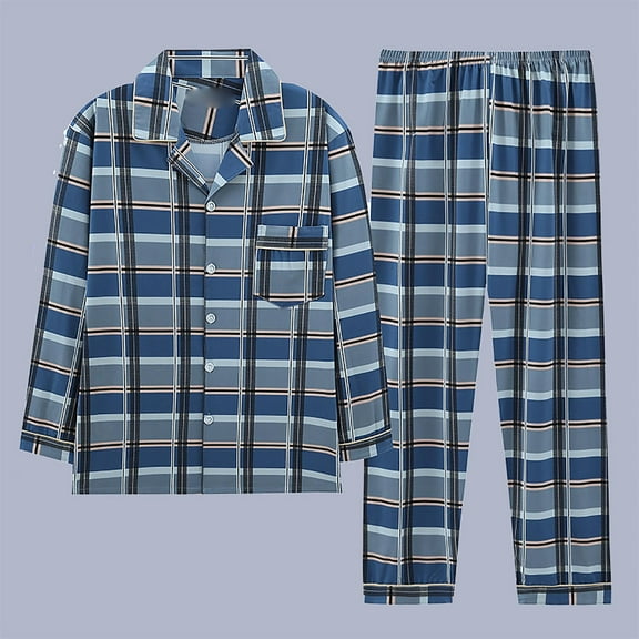 Fall Pajamas for Men Long Sleeve Collared Button Top And Loose Pants Sleep Pajama Plaid Printed Loungewear Sleepwear 2 Piece Pj with Pockets