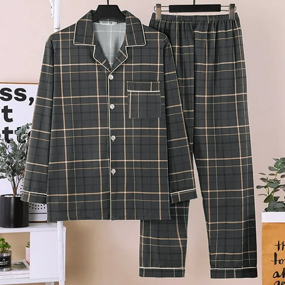 Fall Pajamas for Men Plaid Home Wear Cardigan Long Sleeve Collared Top And Loose Pants Sleep Pajama Loungewear Sleepwear 2 Piece Pj with Pockets