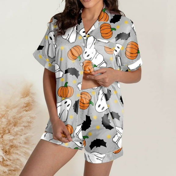 Fall Pajamas for Women Set Halloween Graphic Print Button V Neck Shorts Sleeve Loungewear Loose Fit Lightweight Two Piece Holiday Sleepwear Set