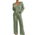 thumbnail image 1 of Fall Pants Sets for Women New 2 Piece Outfits for Women V Neck Ribbed Knit Loungewear Sets Loose Long Sleeve Tops with Long Pants Pajamas Green L, 1 of 9
