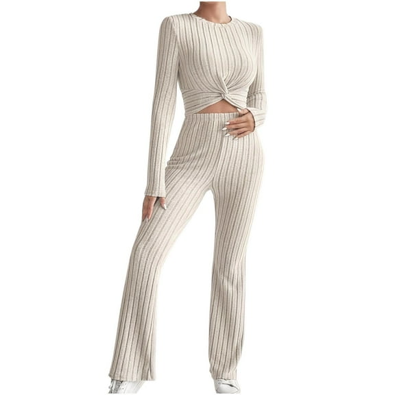 Fall Pants Sets for Women New Women's 2 Piece Ribbed Knit Outfits Stretch Long Sleeve Tee and Flare Pants Set Fashion Fall Clothes Beige L