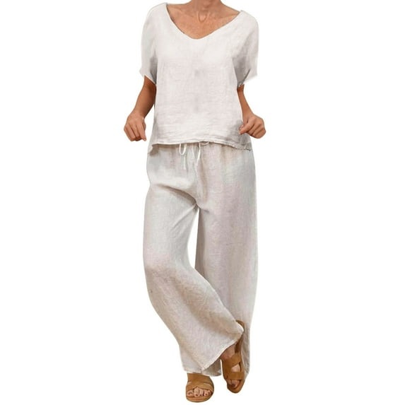 Fall Pants Sets for Women New Women's Loose Casual V-Neck Pullover Short Sleeve Plus Pants Women's Two-Piece Suit Beige M