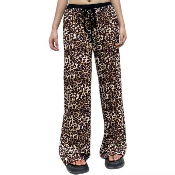 Fall Pants Women's Leopard Print Straight Wide Leg Fashion Pants with Pocket Drawstring Elastic High Waist Casual Trousers, Brown, L