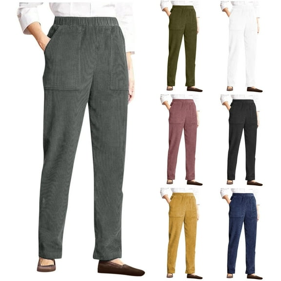 Fall Pants for Older Women - Elastic High Waisted Corduroy Pull On Loose Fit Slacks with Pockets Green M