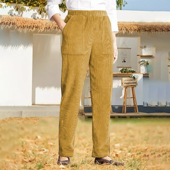 Fall Pants for Older Women Elastic High Waisted Pull On Corduroy Pants with Pockets Soft Comfy Loose Fit Slacks Trousers Yellow 3XL