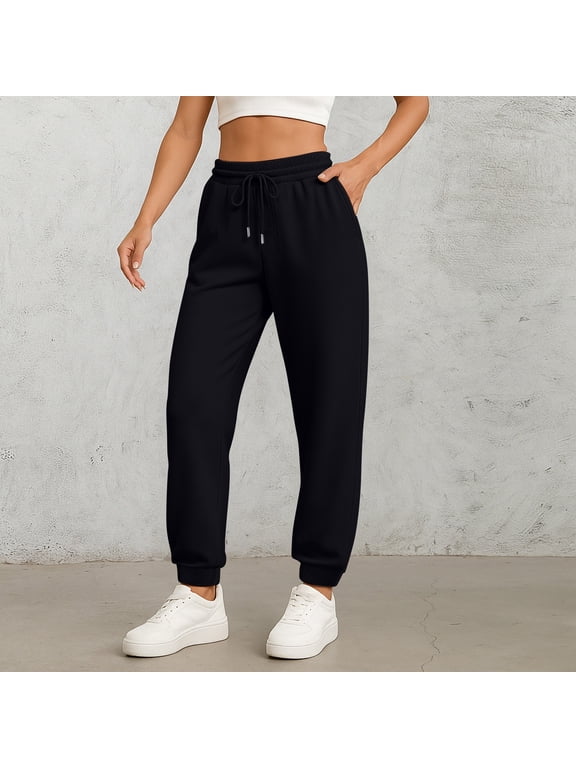 Fall Pants for Women 2025 Athletic Cuffed Joggers with Pockets Comfy Fashion Baggy Black L