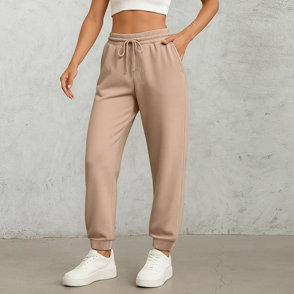 Fall Pants for Women 2025 Athletic Cuffed Joggers with Pockets Comfy Fashion Baggy Khaki M