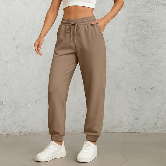 Fall Pants for Women 2025 Athletic Cuffed Joggers with Pockets Comfy Fashion Baggy Lightweight Lounge Pants Drawstring Sweatpants Khaki M