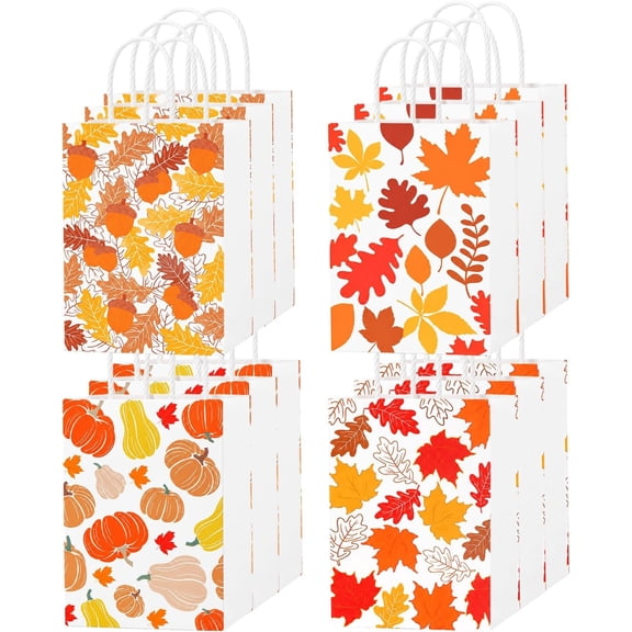 Fall Paper Bags, 12 count Fall Thanksgiving Goodie Bags with Handles, Maple Leaves Pumpkin Candy Cookie Bag for Holiday Birthday Autumn Harvest Thanksgiving Party Favor Supplies