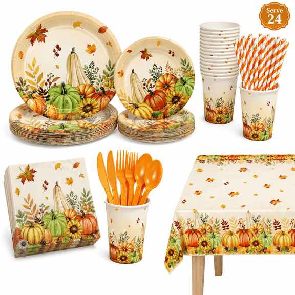 Fall Paper Plate Party Supplies Decorations Plates and Napkins Fall Pumpkin Maple Leaf Disposable Dinner Tableware for Thanksgiving Autumn Harvest Table Decor 24 Guests