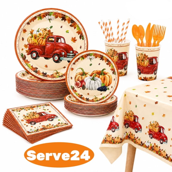 Fall Paper Plate Party Supplies Decorations Plates and Napkins Sets Fall Pumpkin Maple Leaf Disposable Dinner Tableware for Thanksgiving Autumn Harvest Table Decor 24 Guests Design 2