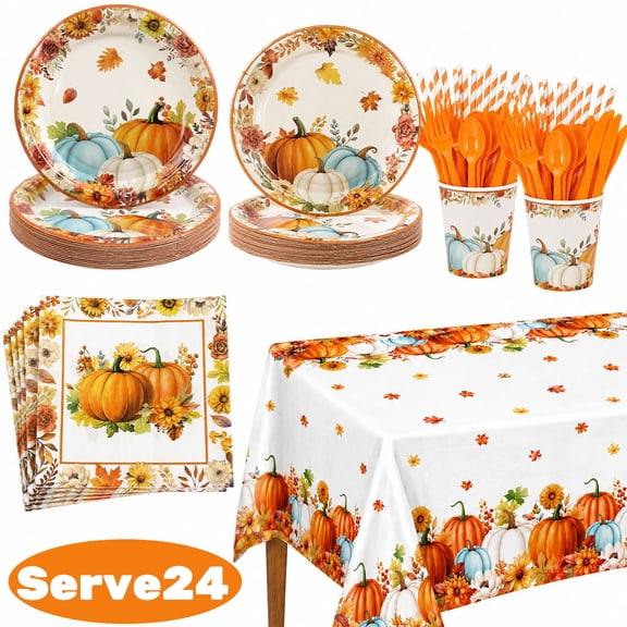 Fall Paper Plate Thanksgiving Party Supplies Decorations Plates and Napkins Sets Fall Pumpkin Maple Leaf Disposable Dinner Tableware for Thanksgiving Autumn Harvest Table Decor 24 Guests Design 4