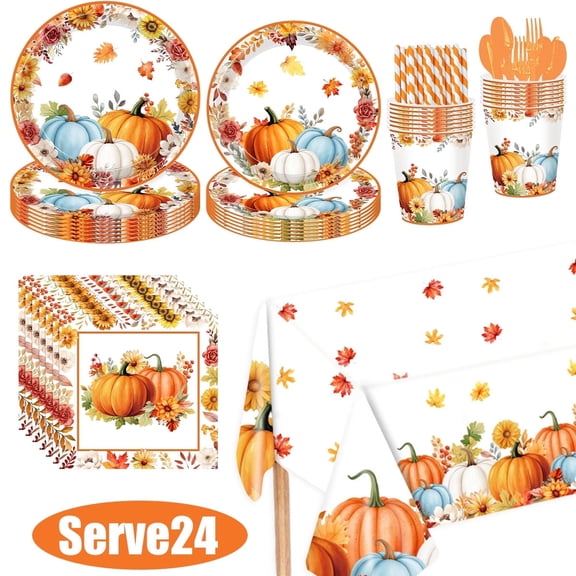 Fall Paper Plate Thanksgiving Party Supplies Decorations Plates and Napkins Sets Fall Pumpkin Maple Leaf Disposable Dinner Tableware for Thanksgiving Autumn Harvest Table Decor 24 Guests Design 4