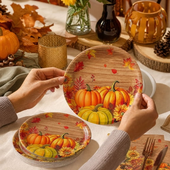 Fall Paper Plates, Sunflower Pumpkin Dinnerware, Rustic Wood Grain ...
