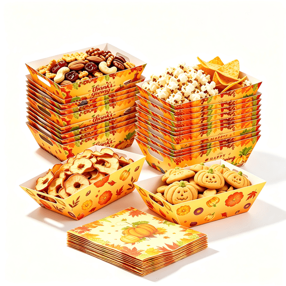 Fall Party Supplies, 32 Pcs Fall Paper Food Trays and Napkins Set, Autumn Harvest Decor