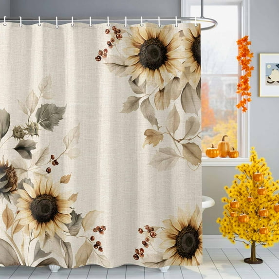 Shower Curtains Sets for Bathroom Decor Fall Pastoral Sunflower Berry Waterproof Bathroom Curtain with Hooks, Autumn Botanical Retro Linen for Bathroom Decor,72x72IN