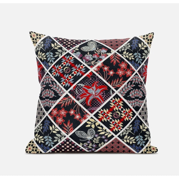 Fall Patch Snowflowers Throw Fabric Pillow with Zip in Dark Blue Yellow 16x16
