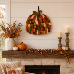 Fall Patchwork Pumpkin Door Hanger, Rustic Farmhouse 3D Fabric Pumpkin Wall Hanging for Front Door Porch Entryway