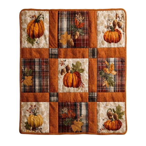 Fall Patchwork Quilted Throw Blanket, Pumpkin Maple Leaf Plaid Bed Sofa Cover, Soft Cozy Autumn Farmhouse Throw