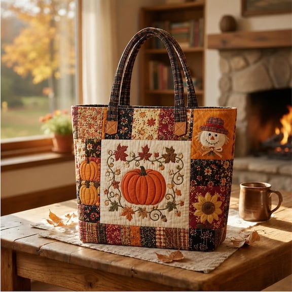 Fall Patchwork Tote Bag Quilted Pumpkin Thanksgiving Handbag Autumn Harvest Shoulder Bag Cute Scarecrow Daily Grocery Bag