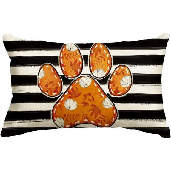 Fall Paw Print Maple Leaves Pumpkin Throw Pillow Cover 12x20 Inch, Seasonal Autumn Thanksgiving Harvest Striped Cushion Case Decoration for Sofa Couch
