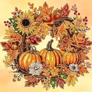 Fall Pearl Diamond Art Kits for Adults, Autumn Pumpkin Sunflower Wreath Diamond Painting Kits for Beginners, 5D DIY Pearl Gem Dot Crafts for Home Wall Decor 12X12in