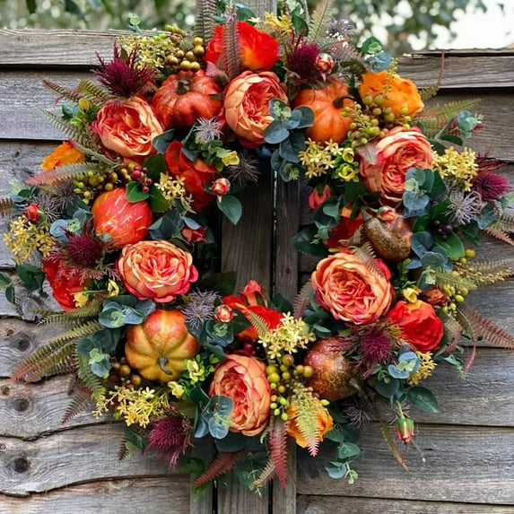 Fall Peony and Pumpkin Wreath, Autumn Year Round Wreaths for Front Door, Artificial Fall Wreath, Autumn Front Door Wreath Thanksgiving Wreath for Home Farmhouse Home Wall Window Festival