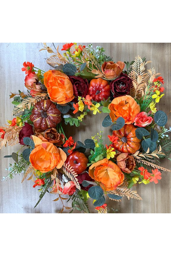 Fall Peony and Pumpkin Wreath, Autumn Year Round Wreaths for Front Door, Artificial Fall Wreath, Halloween Wreath, Thanksgiving Wreath, Maple Leaf Berry Pumpkin Harvest Wreath, Home Farmhouse