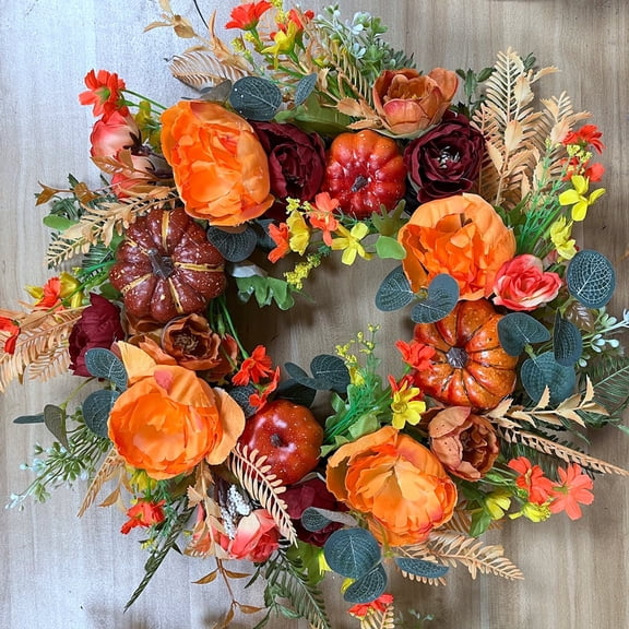 Fall Peony and Pumpkin Wreath, Autumn Year Round Wreaths for Front Door, Artificial Fall Wreath, Halloween Wreath, Thanksgiving Wreath, Maple Leaf Berry Pumpkin Harvest Wreath, Home Farmhouse