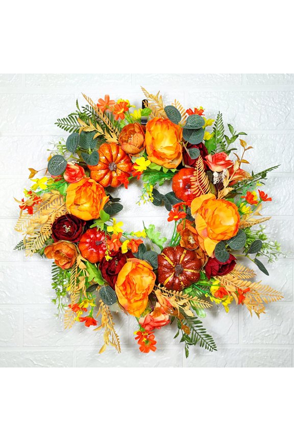 18in Fall Wreaths for Front Door , Fall Peony and Pumpkin Wreath , Peony Pumpkin Wreath for Indoor Outdoor Farmhouse Home Wall Window Festival Wedding Decor