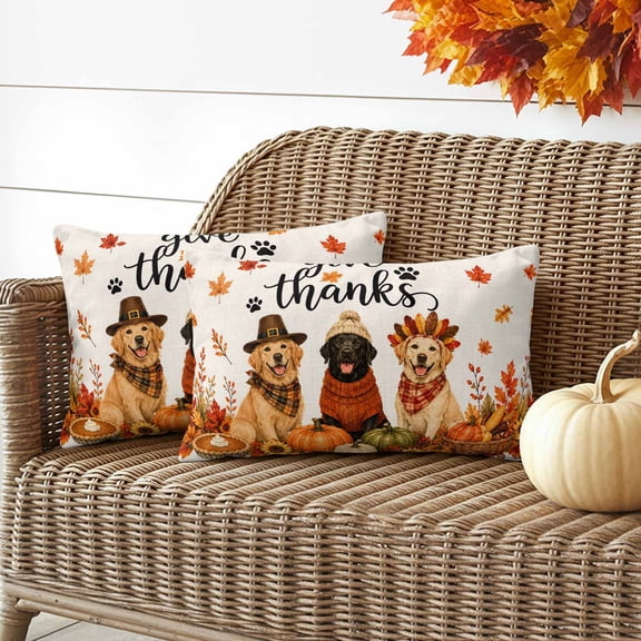 Fall Pets Outdoor Waterproof Throw Pillow Covers Set of 2, 20"x12", Thanksgiving Black Lab Golden Retrievers Orange Pumpkin Leaf Decorative Pillow Covers Outside Cushion Case for Patio Porch Garden