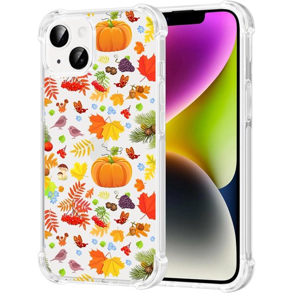 Fall Phone Case for iPhone 13 / iPhone 14 Cute Clear Autumn Pumpkin Leaves Animals Case 6.1", Aesthetic Halloween Pattern Design Cover Shockproof TPU Hard PC Back Protection Girls Women Funda