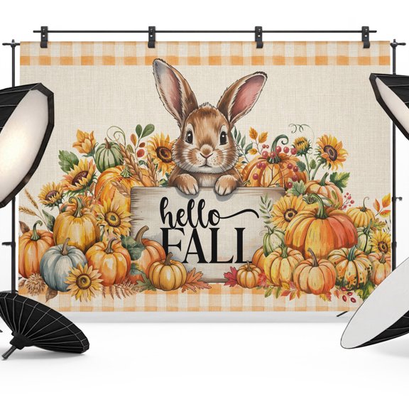 Fall Photo Backdrop 5x7 ft Hello Fall Bunny Photography Backdrops Curtains Rabbit Pumpkin Maple Lead Orange Plaid Linen Thanksgiving Photo Booth Drapes for Backdrop Wedding Party Birthday Background