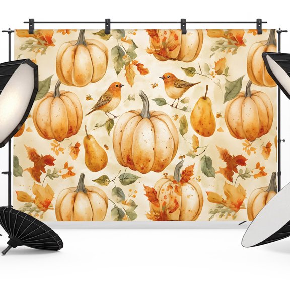 Fall Photo Backdrop 5x7 ft Orange Pumpkin Bird Photography Backdrops Curtains Picture Wall Covering Maple Leaves Thanksgiving Photo Booth Drapes for Backdrop Wedding Party Birthday Background Screen